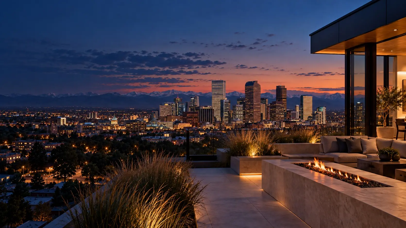 Conceptual rooftop terrace with a glowing fire overlooking the Denver skyline at dusk